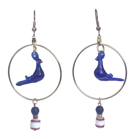 Unbranded Jewelry - Gold Tone Hoop Earrings with Cobalt Blue Lampwork Glass Birds & Art Glass Beads